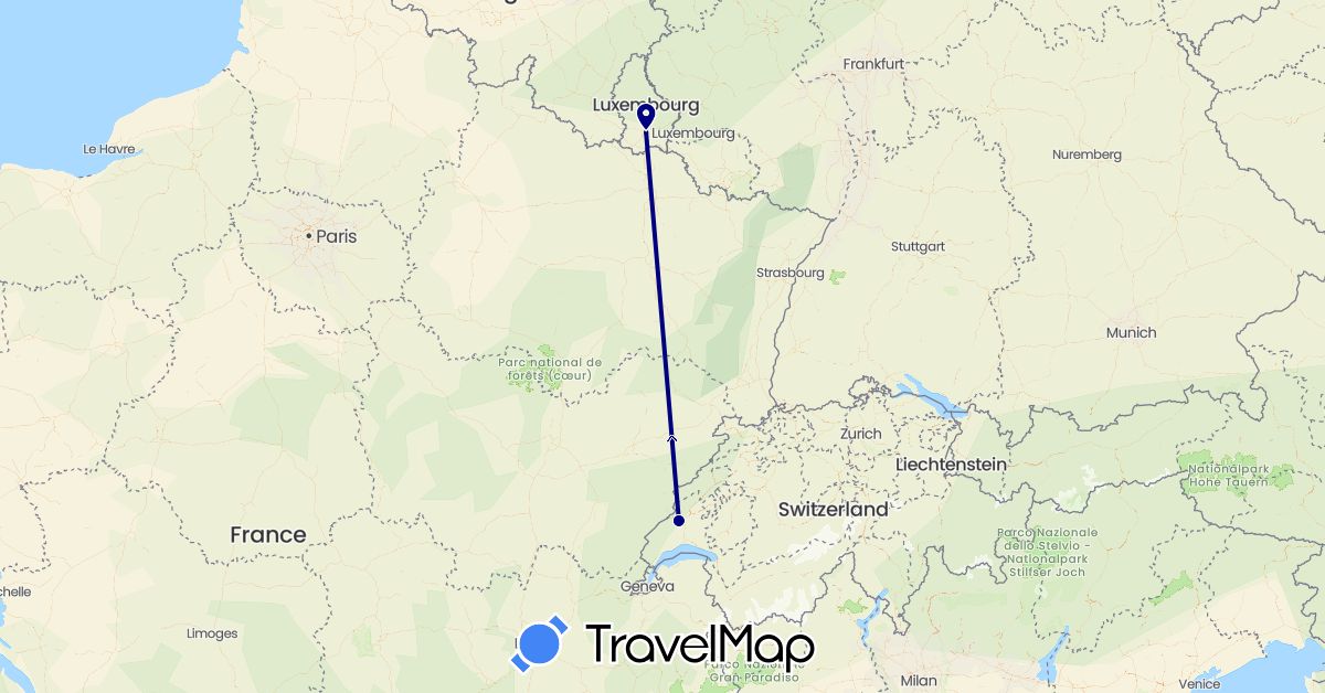 TravelMap itinerary: driving in Switzerland, Luxembourg (Europe)